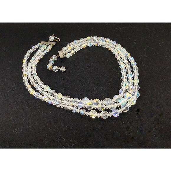 Crystal Aurora Borealis Beaded Triple Strand Necklace W/ Hook Closure, Vintage - Picture 2 of 7